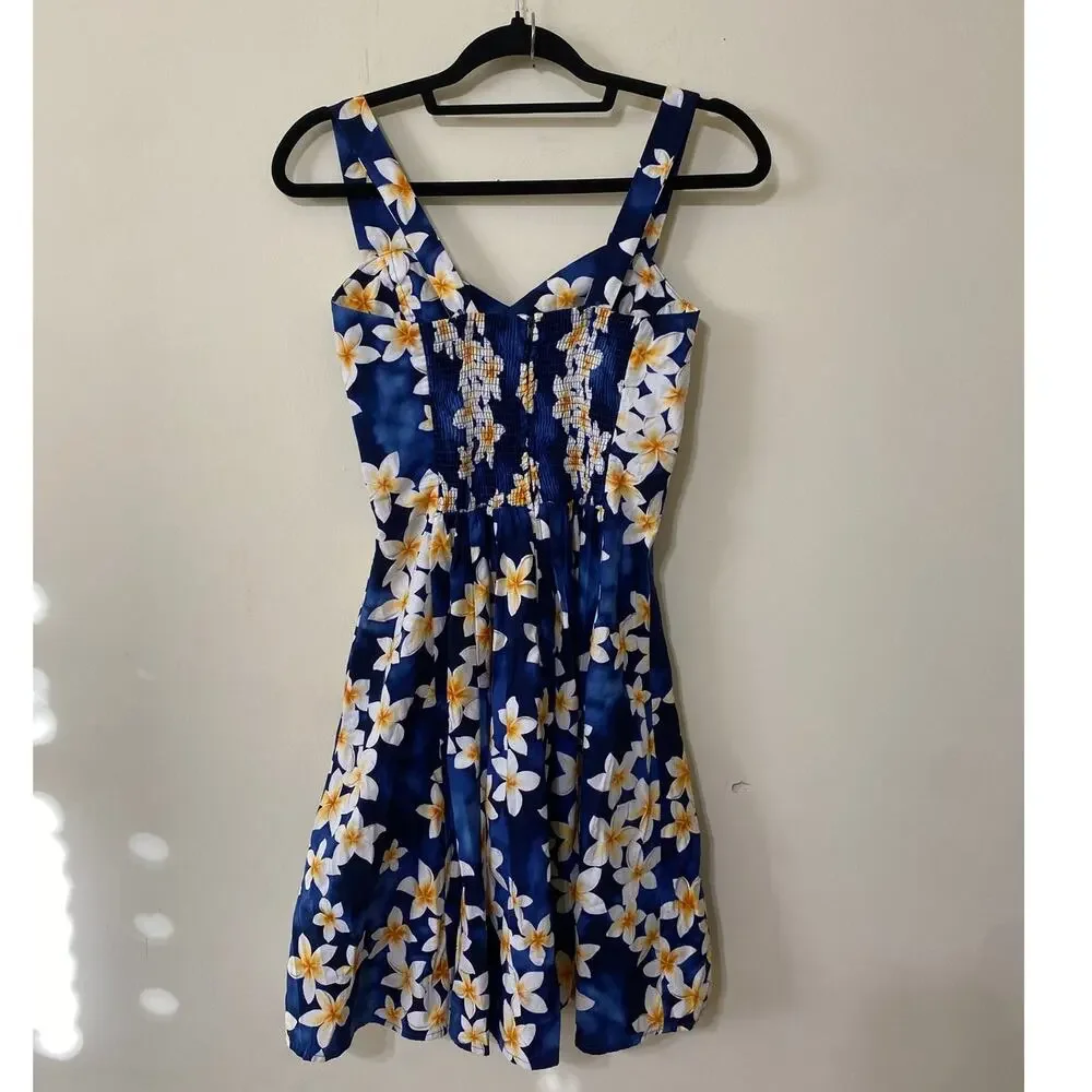 Royal Hawaiian Creations Mini Sundress Plumeria Blue Cotton Hawaiian size Medium - Picture 6 of 9